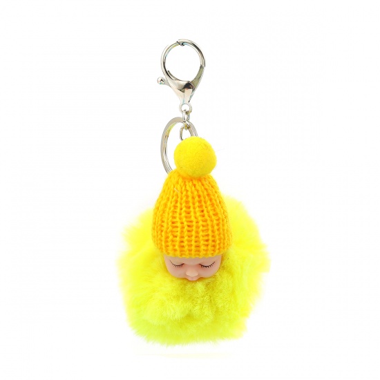 Picture of Plush Keychain & Keyring Doll Silver Tone Yellow Pom Pom Ball 16cm x 8cm, 1 Piece