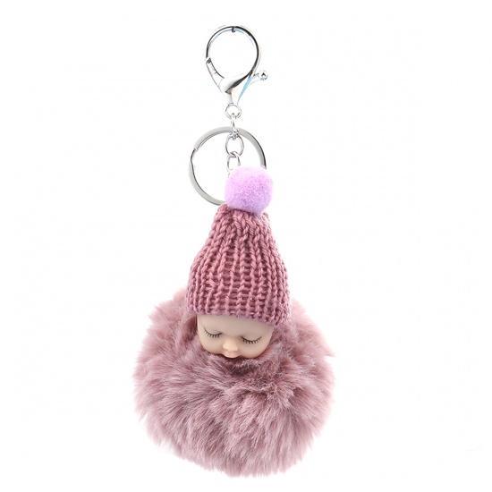 Picture of Plush Keychain & Keyring Doll Silver Tone Pale Pinkish Gray Pom Pom Ball 16cm x 8cm, 1 Piece