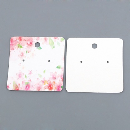 Picture of Paper Jewelry Earrings Display Card Square Pink Sakura Flower Pattern 50mm(2") x 50mm(2"), 50 Sheets