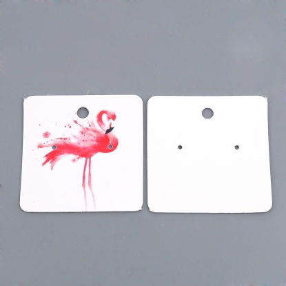 Picture of Paper Jewelry Earrings Display Card Square Red Flamingo Pattern 50mm(2") x 50mm(2"), 50 Sheets