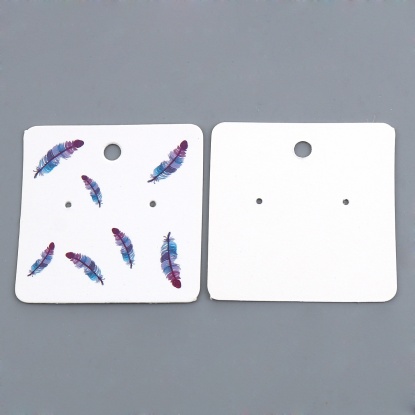 Picture of Paper Jewelry Earrings Display Card Square Blue Violet Feather Pattern 50mm(2") x 50mm(2"), 50 Sheets