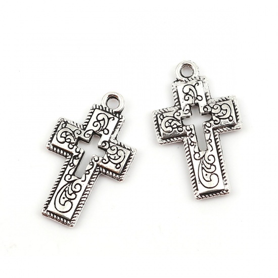 Picture of Zinc Based Alloy Charms Cross Antique Silver 23mm( 7/8") x 14mm( 4/8"), 50 PCs