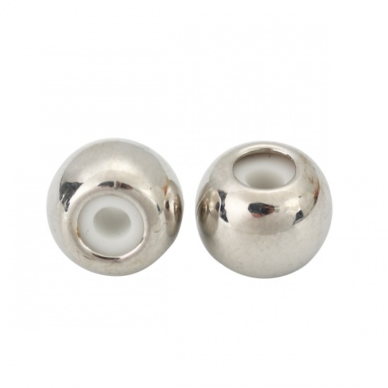 Picture of Copper Slider Clasp Beads Round 18K Real Platinum Plated With Adjustable Silicone Core 10mm( 3/8") Dia., Hole: 2.3mm, 5 PCs