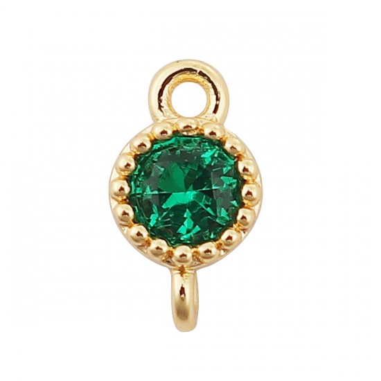 Picture of Copper Connectors Round 18K Real Gold Plated Green Rhinestone 7mm( 2/8") x 4mm( 1/8"), 3 PCs