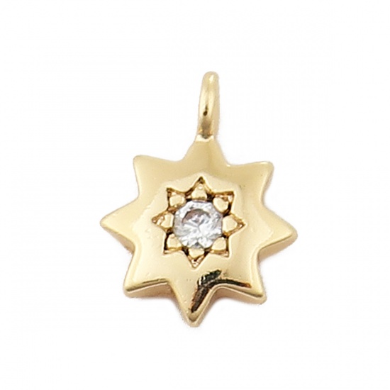 Picture of Copper Charms Polygon 18K Real Gold Plated Clear Rhinestone 8mm( 3/8") x 6mm( 2/8"), 3 PCs