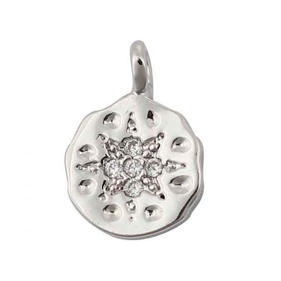 Picture of Copper Charms Round 18K Real Platinum Plated Flower 11mm( 3/8") x 8mm( 3/8"), 3 PCs