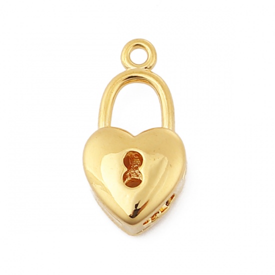 Picture of Copper Charms Lock 18K Real Gold Plated Heart 15mm( 5/8") x 8mm( 3/8"), 3 PCs