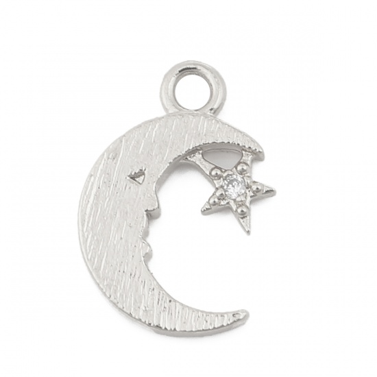 Picture of Copper Charms Half Moon 18K Real Platinum Plated Star Clear Rhinestone 13mm( 4/8") x 9mm( 3/8"), 3 PCs