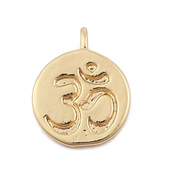 Picture of Copper Charms Round 18K Real Gold Plated Yoga OM/ Aum 12mm( 4/8") x 9mm( 3/8"), 3 PCs