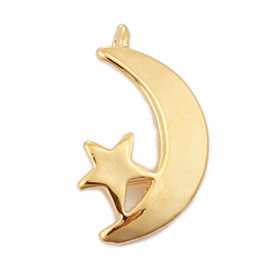 Picture of Copper Charms Half Moon 18K Real Gold Plated Star 13mm( 4/8") x 7mm( 2/8"), 3 PCs