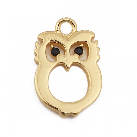 Picture of Copper Charms Owl Animal 18K Real Gold Plated Black Rhinestone 13mm( 4/8") x 8mm( 3/8"), 2 PCs