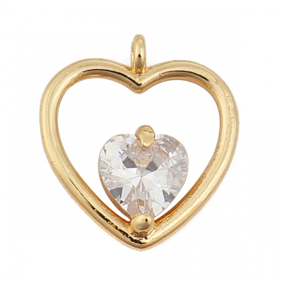 Picture of Copper Charms Heart 18K Real Gold Plated Clear Rhinestone 13mm( 4/8") x 12mm( 4/8"), 3 PCs