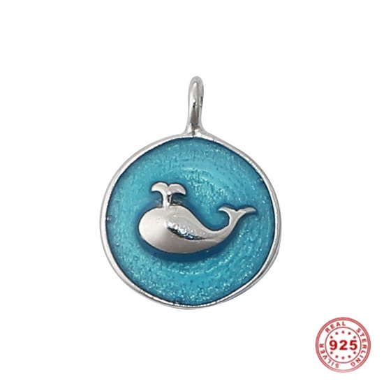 Picture of Sterling Silver Charms Silver Whale Animal Round Blue Enamel 13mm( 4/8") x 11mm( 3/8"), 1 Piece