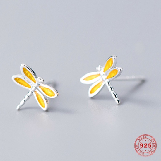 Picture of Sterling Silver Ear Post Stud Earrings Yellow Dragonfly Animal Enamel 9mm( 3/8") x 8mm( 3/8"), 1 Pair