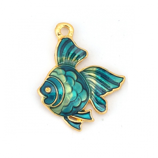 Picture of Zinc Based Alloy Ocean Jewelry Charms Fish Animal Gold Plated Green Enamel 23mm( 7/8") x 18mm( 6/8"), 5 PCs