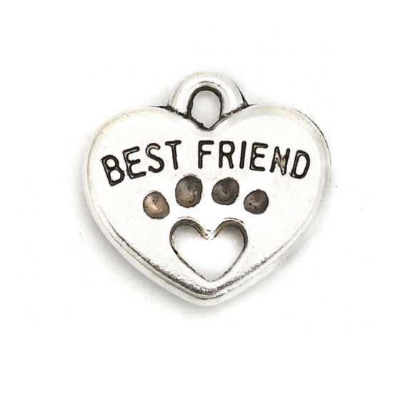 Picture of Zinc Based Alloy Pet Memorial Charms Heart Antique Silver Message " Best Friends " 15mm x 15mm, 20 PCs