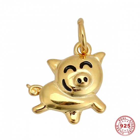 Picture of Sterling Silver Charms Gold Plated Pig Animal Black Enamel 15mm( 5/8") x 10mm( 3/8"), 1 Piece