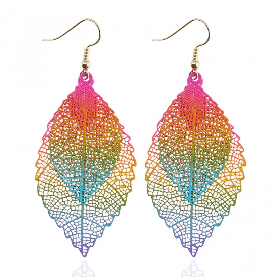 Picture of Stainless Steel Earrings Multicolor Leaf Color Plated 7cm(2 6/8") long, 1 Pair