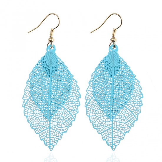 Picture of Stainless Steel Earrings Blue Leaf Color Plated 7cm(2 6/8") long, 1 Pair