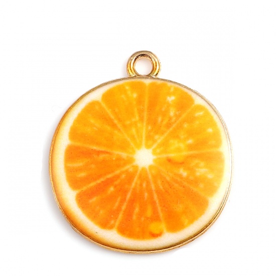 Picture of Zinc Based Alloy Charms Orange Fruit Gold Plated Orange Enamel 26mm(1") x 23mm( 7/8"), 10 PCs