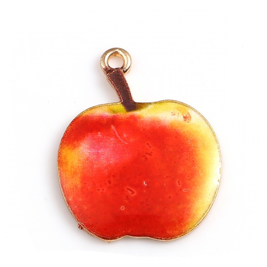 Picture of Zinc Based Alloy Charms Apple Fruit Gold Plated Red Enamel 27mm(1 1/8") x 22mm( 7/8"), 10 PCs