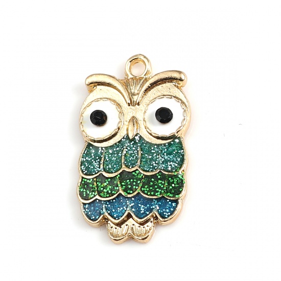Picture of Zinc Based Alloy Charms Owl Animal Gold Plated Multicolor Black Rhinestone Enamel 23mm( 7/8") x 13mm( 4/8"), 10 PCs
