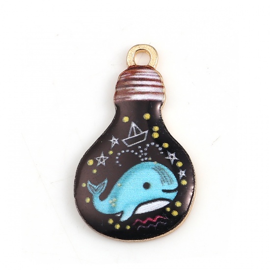 Picture of Zinc Based Alloy Charms Whale Animal Gold Plated Black Light Bulb Enamel 28mm(1 1/8") x 17mm( 5/8"), 10 PCs
