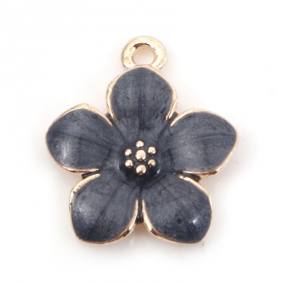Picture of Zinc Based Alloy Charms Flower Gold Plated Black Enamel 17mm( 5/8") x 15mm( 5/8"), 20 PCs