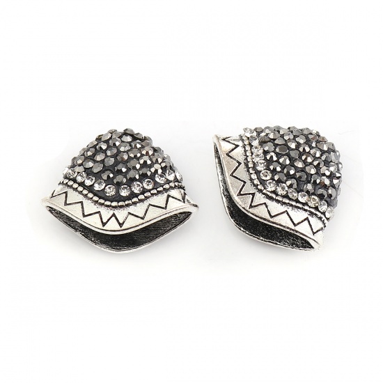 Picture of Zinc Based Alloy Micro Pave Tassel Beads Cap Fan-shaped Antique Silver Dark Gray Clear Rhinestone 23mm x 18mm, 2 PCs