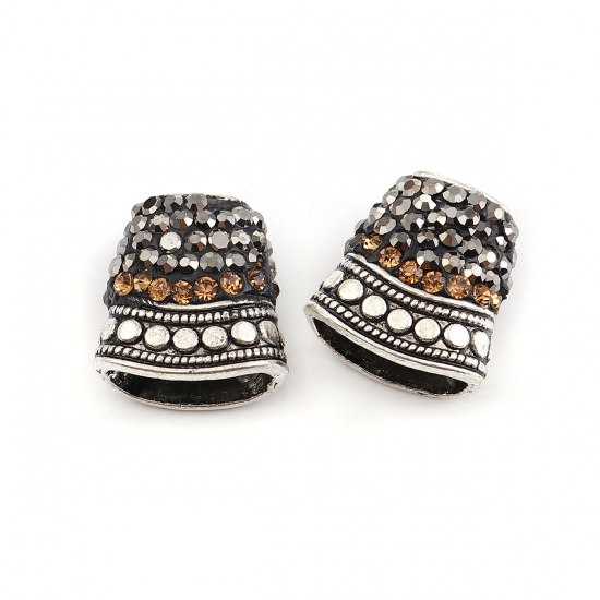 Picture of Zinc Based Alloy Micro Pave Tassel Beads Cap Bell Antique Silver Dark Gray Champagne Rhinestone 17mm x 16mm, 2 PCs