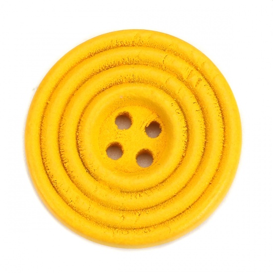 ウッド 縫製ボタン 円形 黄色 4つ穴 サークル柄 25mm直径、 30 個 の画像