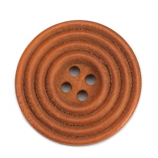 Bild von Holz Knöpfe zum Aufnähen Scrapbooking 4 Löcher Rund Hell Kaffeebraun Kreis 25mm D., 30 Stück