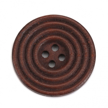 ウッド 縫製ボタン 円形 ダークコーヒー 4つ穴 サークル柄 25mm直径、 30 個 の画像