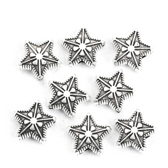 Immagine di Lega di Zinco Separatori Perline Stella a Cinque Punte Argento Antico Fiore Scolpisce Circa 11mm x 10mm, Foro:Circa 1.5mm, 50 Pz