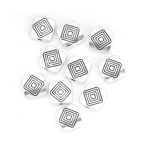 Immagine di Lega di Zinco Separatori Perline Rettangolo Argento Antico Rombo Scolpisce Circa 9mm x 8mm, Foro:Circa 1.3mm, 50 Pz