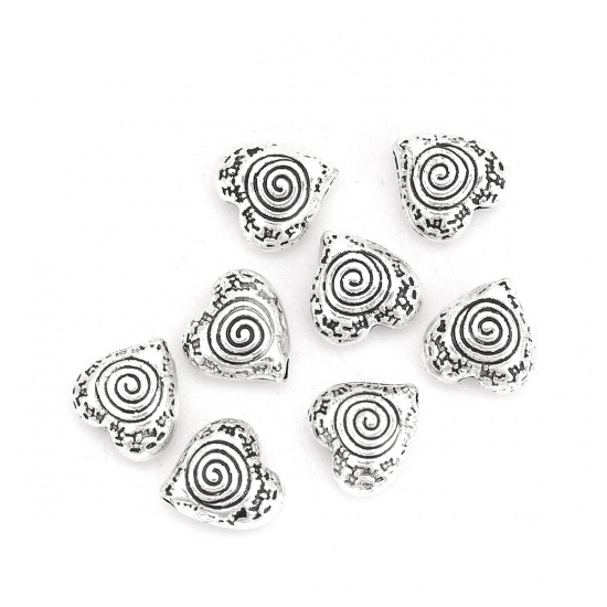 Immagine di Lega di Zinco Separatori Perline Cuore Argento Antico Spirale Scolpisce Circa 9mm x 9mm, Foro:Circa 1.3mm, 50 Pz