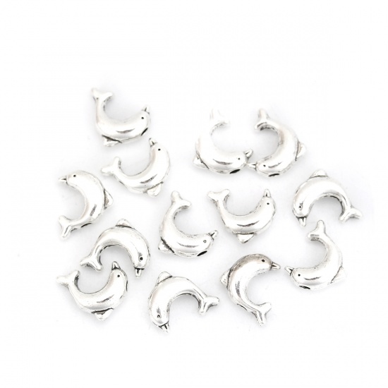 Picture of Zinc Based Alloy Ocean Jewelry Spacer Beads Dolphin Animal Antique Silver 10mm x 8mm, Hole: Approx 1.3mm, 100 PCs