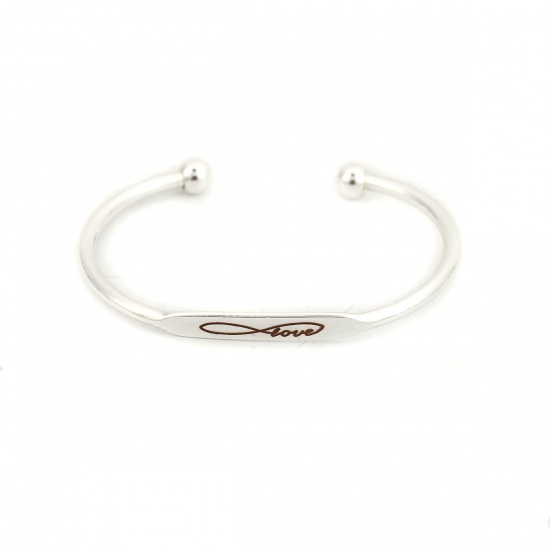 Image de Bracelet Manchette Jonc Semi-Ouvert en Cuivre Rectangle Argent Mat Symbole"Infini" Gravé Mots " LOVE " 15cm long, 1 Pièce