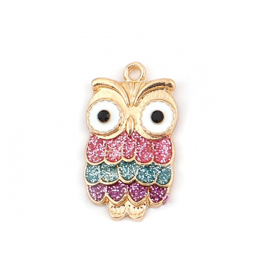 Picture of Zinc Based Alloy Charms Owl Animal Gold Plated Multicolor Enamel Black Rhinestone 23mm( 7/8") x 13mm( 4/8"), 5 PCs