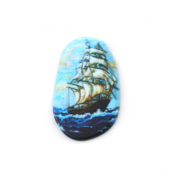 Picture of Resin Travel Pendants Oval Sailing Boat Multicolor 45mm(1 6/8") x 29mm(1 1/8"), 5 PCs