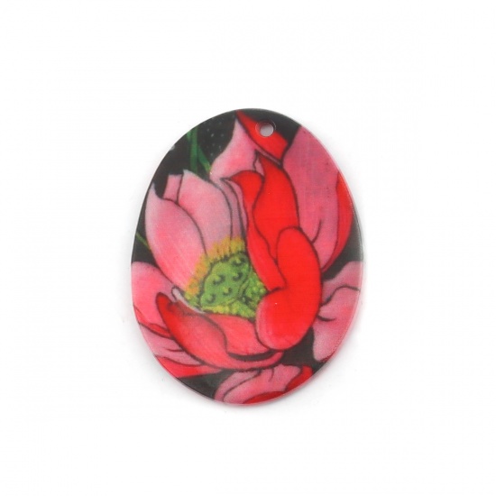 Picture of Resin Pendants Oval Lotus Flower Multicolor 45mm(1 6/8") x 35mm(1 3/8"), 5 PCs