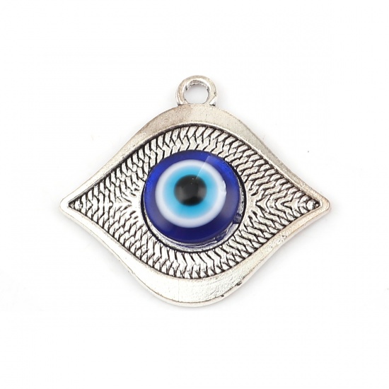 Imagen de Aleación de metal de Zinc + Acrílico Colgantes Mal de ojo Plata Antigua Azul 33mm x 29mm, 1 Paquete ( 8 Unidades/Juego)