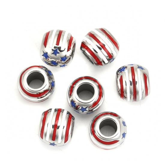 Picture of 304 Stainless Steel Casting Beads Round Silver Tone Red Flag Of The United States Enamel About 13mm Dia., Hole: Approx 5.5mm, 10 PCs