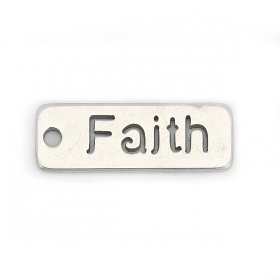 Picture of 304 Stainless Steel Charms Rectangle Silver Tone Message " FAITH " Hollow 17mm( 5/8") x 6mm( 2/8"), 5 PCs