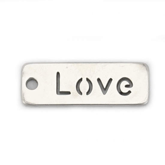 Picture of 304 Stainless Steel Charms Rectangle Silver Tone Message " LOVE " Hollow 17mm( 5/8") x 6mm( 2/8"), 5 PCs