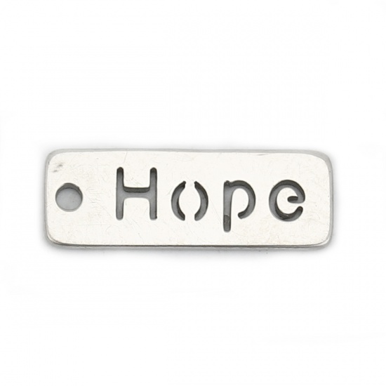 Picture of 304 Stainless Steel Pendants Rectangle Silver Tone Message " Hope " Hollow 17mm( 5/8") x 6mm( 2/8"), 5 PCs