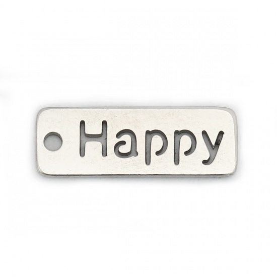 Picture of 304 Stainless Steel Pendants Rectangle Silver Tone Message " Happy " Hollow 17mm( 5/8") x 6mm( 2/8"), 5 PCs