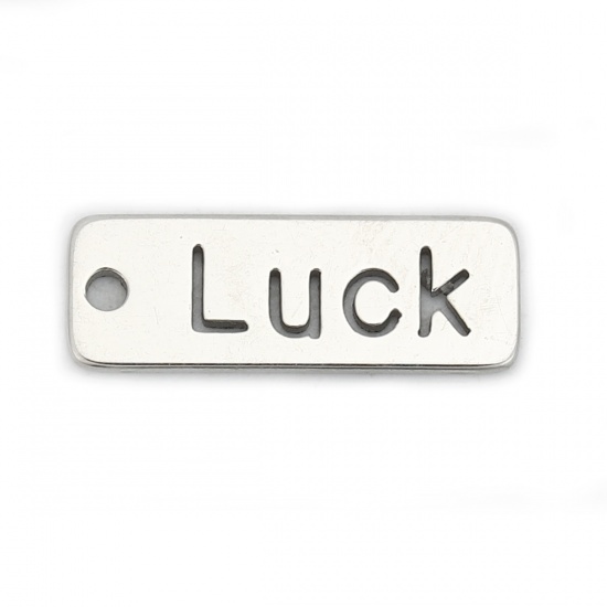 Picture of 304 Stainless Steel Charms Rectangle Silver Tone Message " LUCK " Hollow 17mm( 5/8") x 6mm( 2/8"), 5 PCs