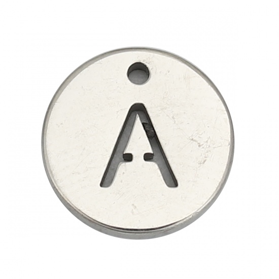 Picture of 304 Stainless Steel Charms Round Silver Tone Initial Alphabet/ Capital Letter Message " A " Hollow 10mm( 3/8") Dia., 5 PCs