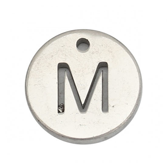 Picture of 304 Stainless Steel Charms Round Silver Tone Initial Alphabet/ Capital Letter Message " M " Hollow 10mm( 3/8") Dia., 5 PCs